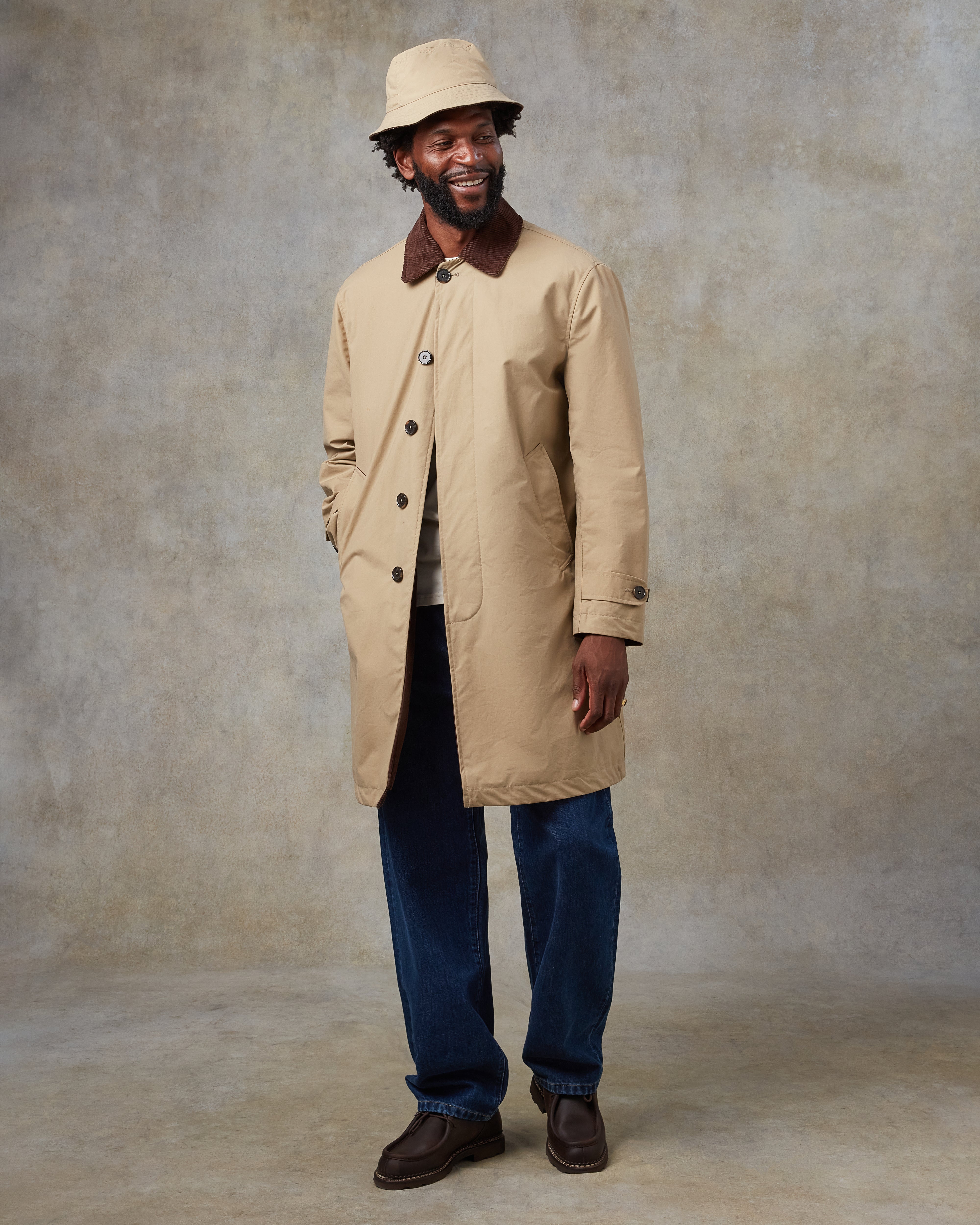 Batch LDN Men's Beige Waxed Canvas Overcoat and Bucket Hat