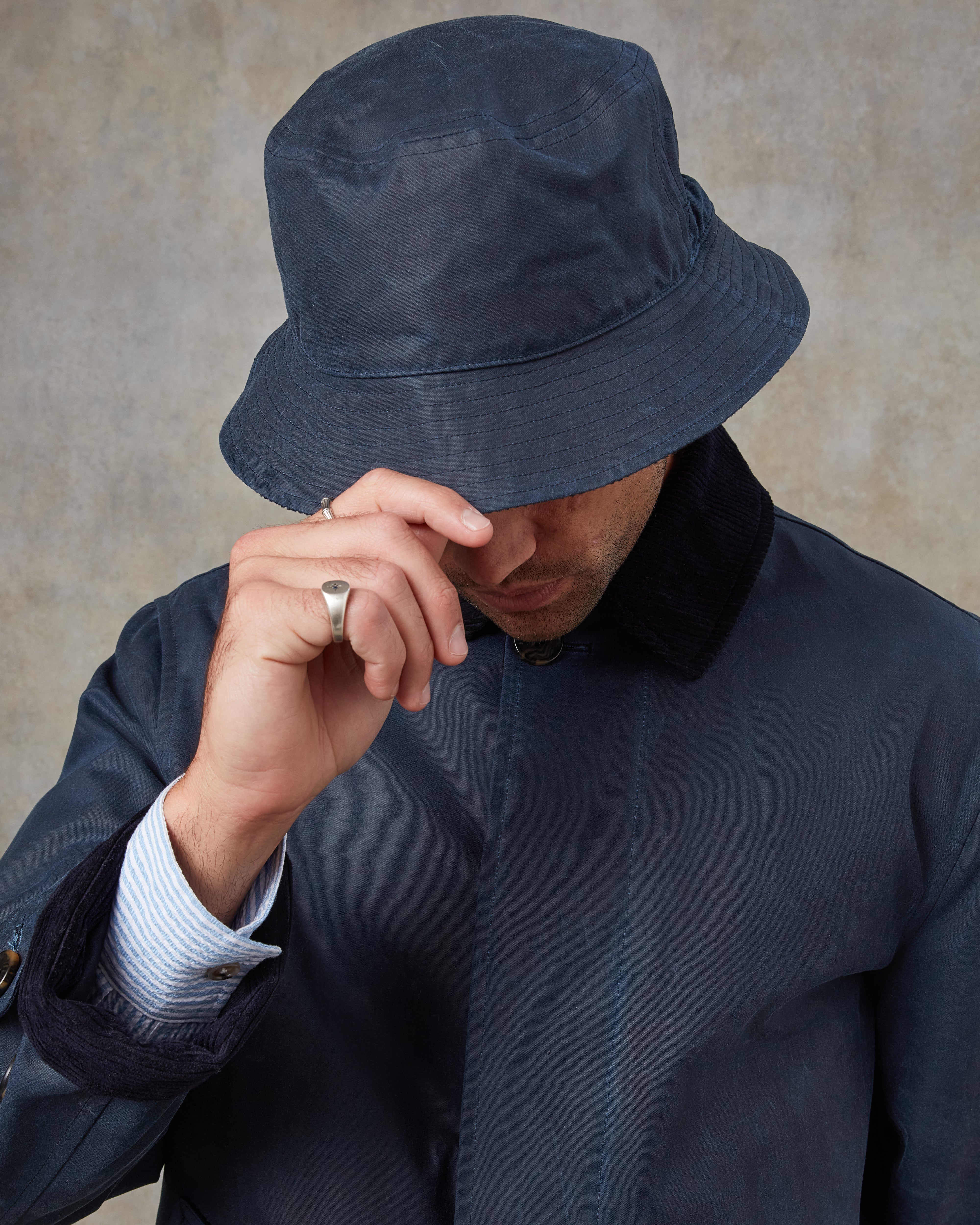 Batch LDN Men's Navy Waxed Canvas Overcoat and Bucket Hat